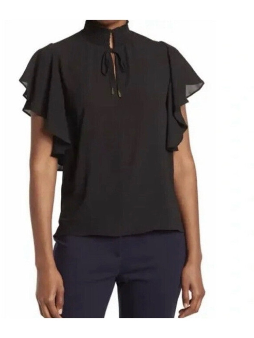 T Tahari Black Smocked Collar Tie-Front Blouse